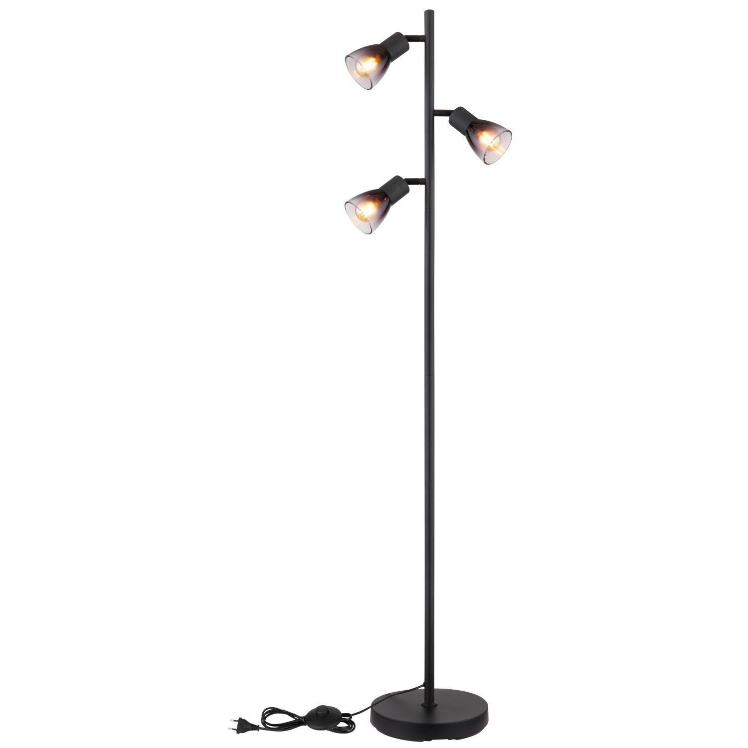 Czarna lampa podłogowa z trzema regulowanymi reflektorkami na pionowym stojaku. Lampa posiada okrągłą podstawę i przewód z wtyczką.