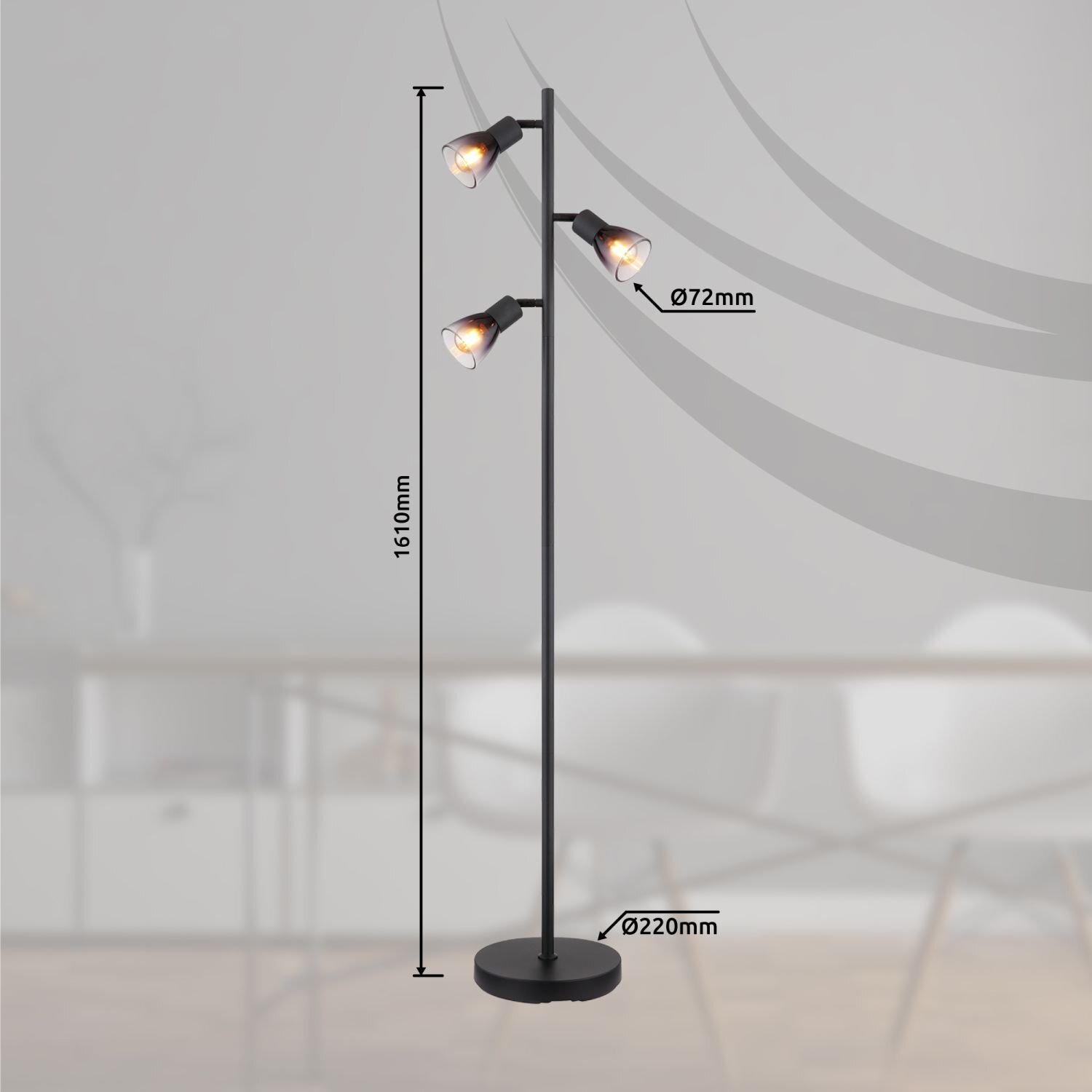 Czarna lampa podłogowa z trzema regulowanymi reflektorkami, o wysokości 1610 mm i średnicy podstawy 220 mm. Średnica reflektorków wynosi 72 mm.