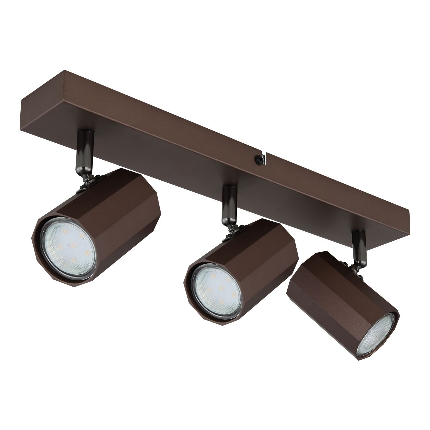 Brązowa lampa reflektorowa z trzema regulowanymi spotami zamontowana na prostokątnej listwie. Każdy spot ma wielokątny kształt i jest skierowany w inną stronę.