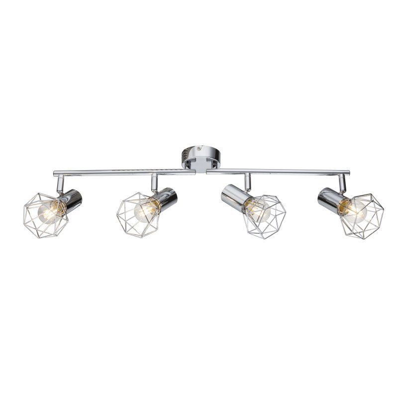 Lampa sufitowa z czterema regulowanymi reflektorami w chromowanym wykończeniu. Każdy reflektor ma geometryczny klosz z metalowej siatki.