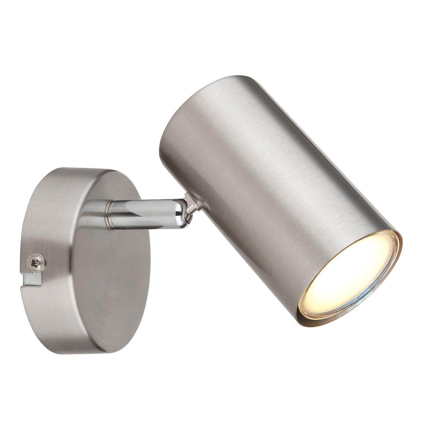 Na obrazie widoczny jest metalowy reflektor sufitowy o cylindrycznym kształcie, zamontowany na okrągłej podstawie. Lampa emituje jasne światło.