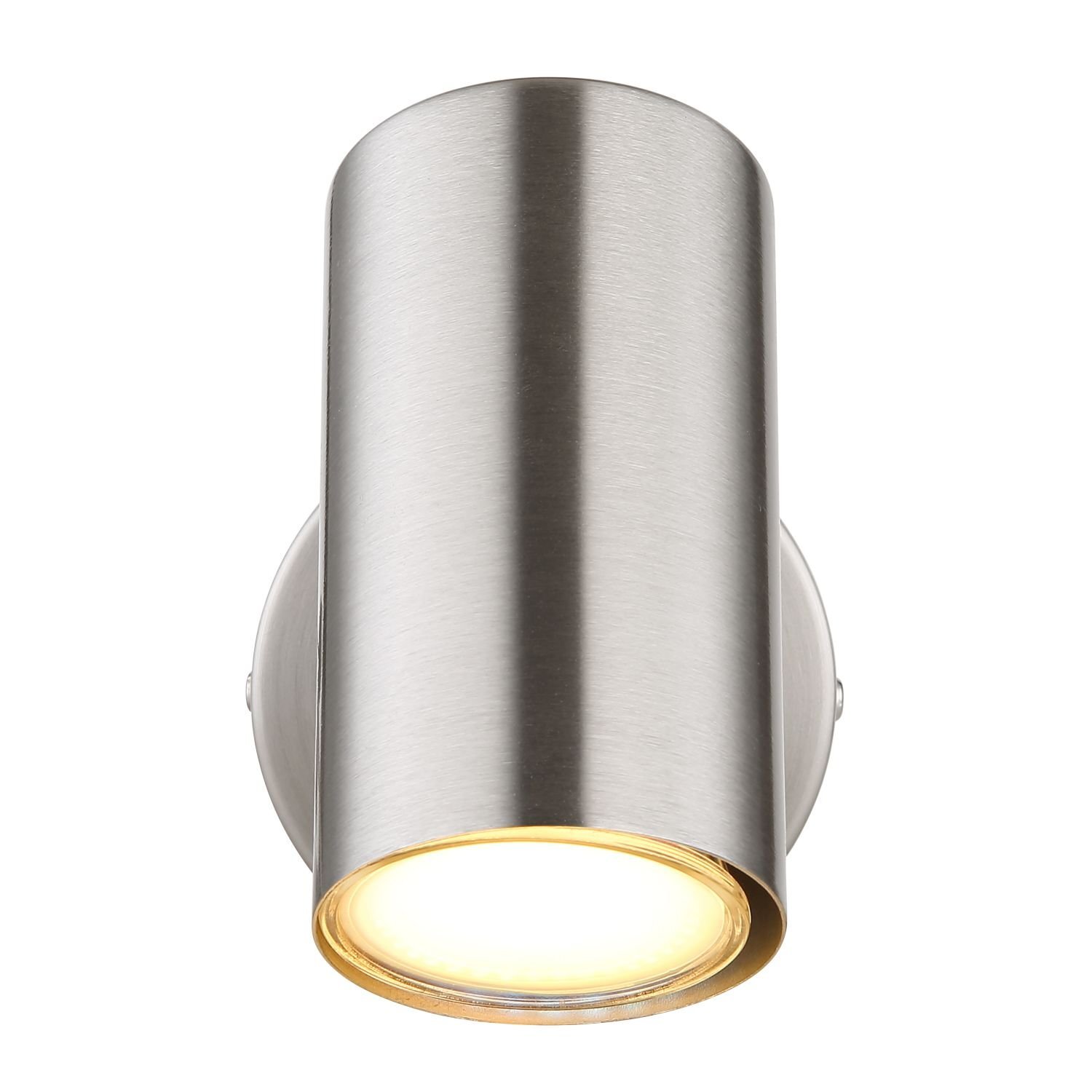 Na obrazie widoczny jest metaliczny reflektor sufitowy o cylindrycznym kształcie, emitujący ciepłe światło. Produkt ma nowoczesny design i jest przeznaczony do wnętrz.