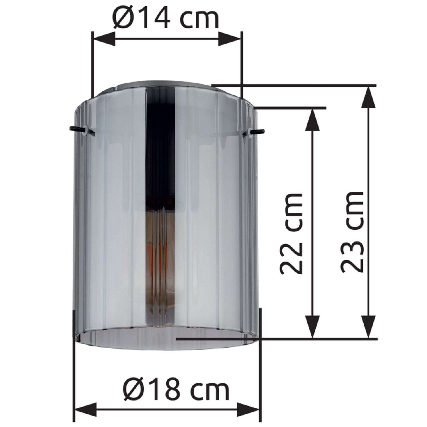 Obraz przedstawia lampę sufitową z ryflowanym kloszem w kształcie walca. Na obrazie widoczne są wymiary: średnica 14 cm, wysokość 22 cm, całkowita wysokość 23 cm, średnica podstawy 18 cm.