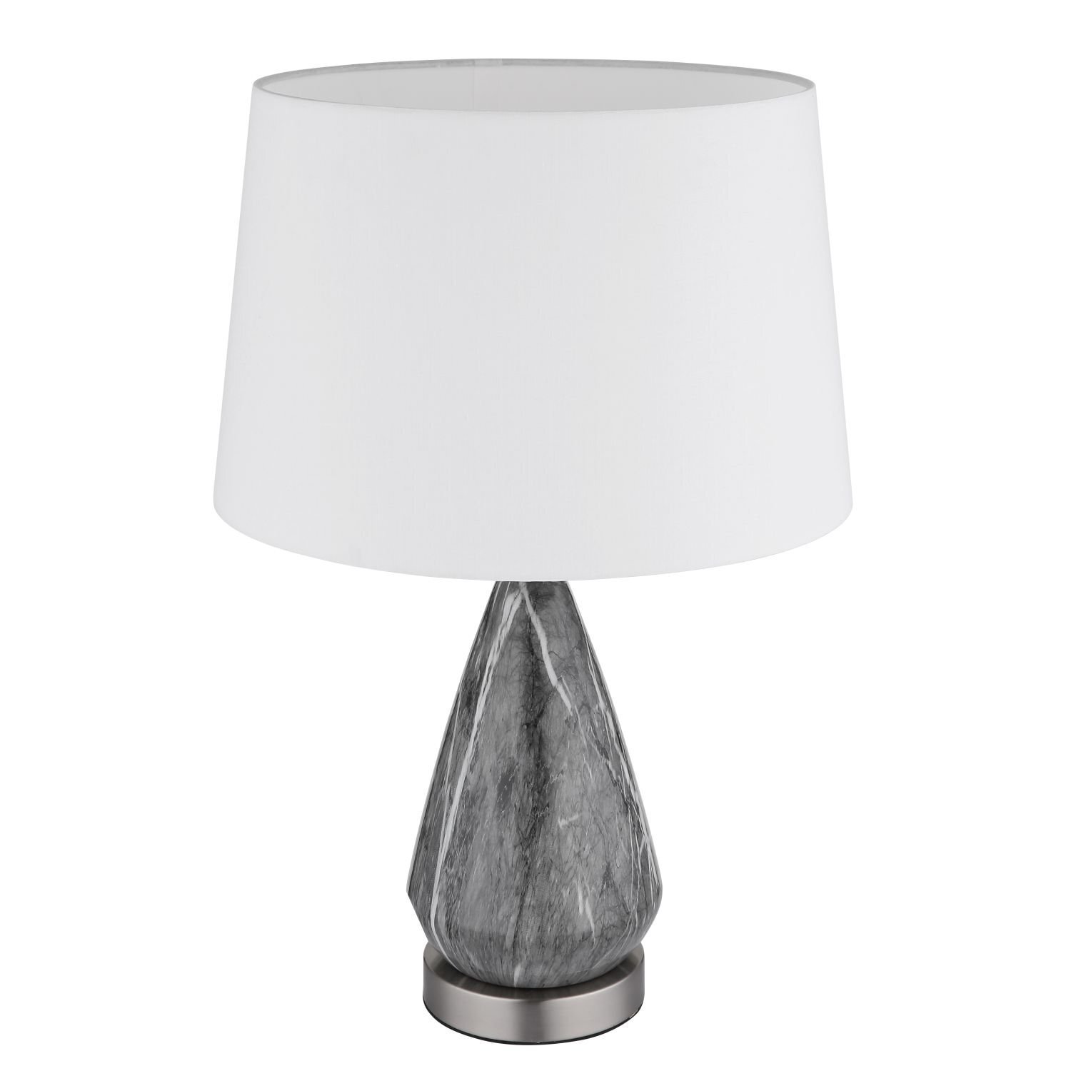 Lampa stołowa z białym abażurem i podstawą o wyglądzie marmuru w odcieniach szarości, osadzona na metalowej podstawie.