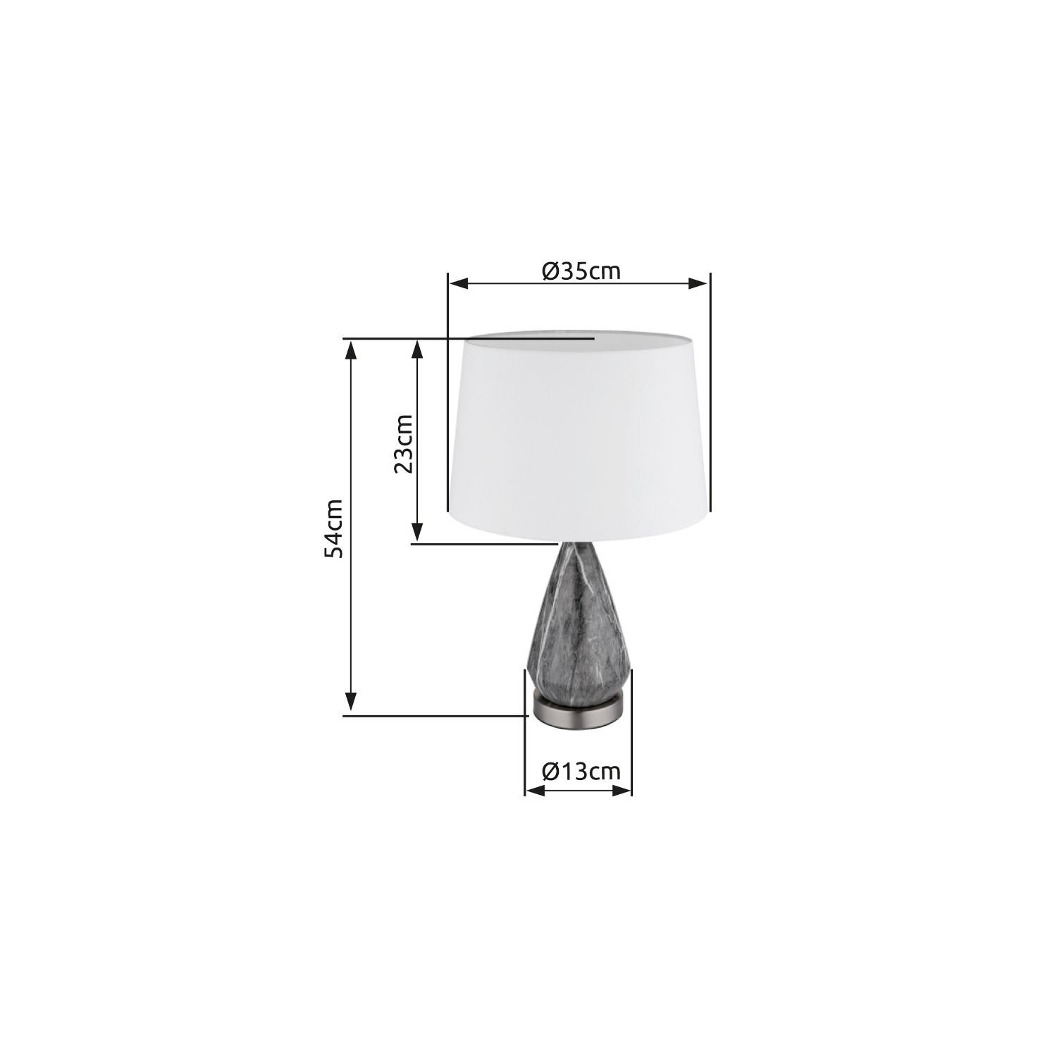 Obraz przedstawia lampę stołową z białym abażurem i szarą podstawą w kształcie stożka. Wymiary lampy to 54 cm wysokości, średnica abażura 35 cm, a średnica podstawy 13 cm.