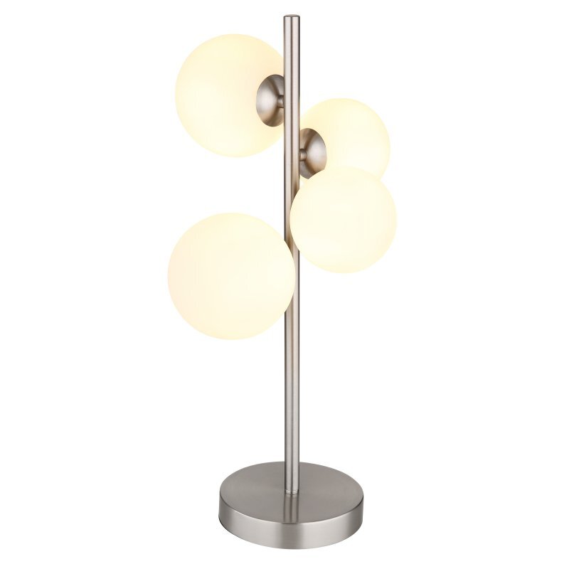 Lampa stołowa z matowego niklu z czterema kulistymi kloszami z opalowego szkła, umieszczonymi na pionowym pręcie. Podstawa lampy jest okrągła i wykonana z tego samego materiału co pręt.