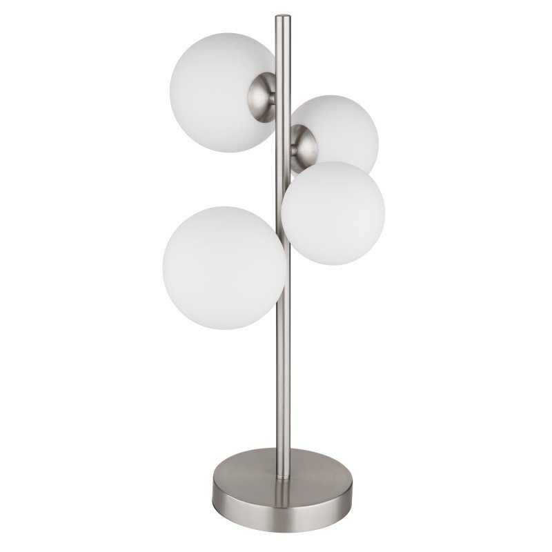 Lampa stołowa z matowego niklu z czterema kulistymi kloszami z opalowego szkła, umieszczonymi na pionowym pręcie. Podstawa lampy jest okrągła i wykonana z tego samego materiału co pręt.