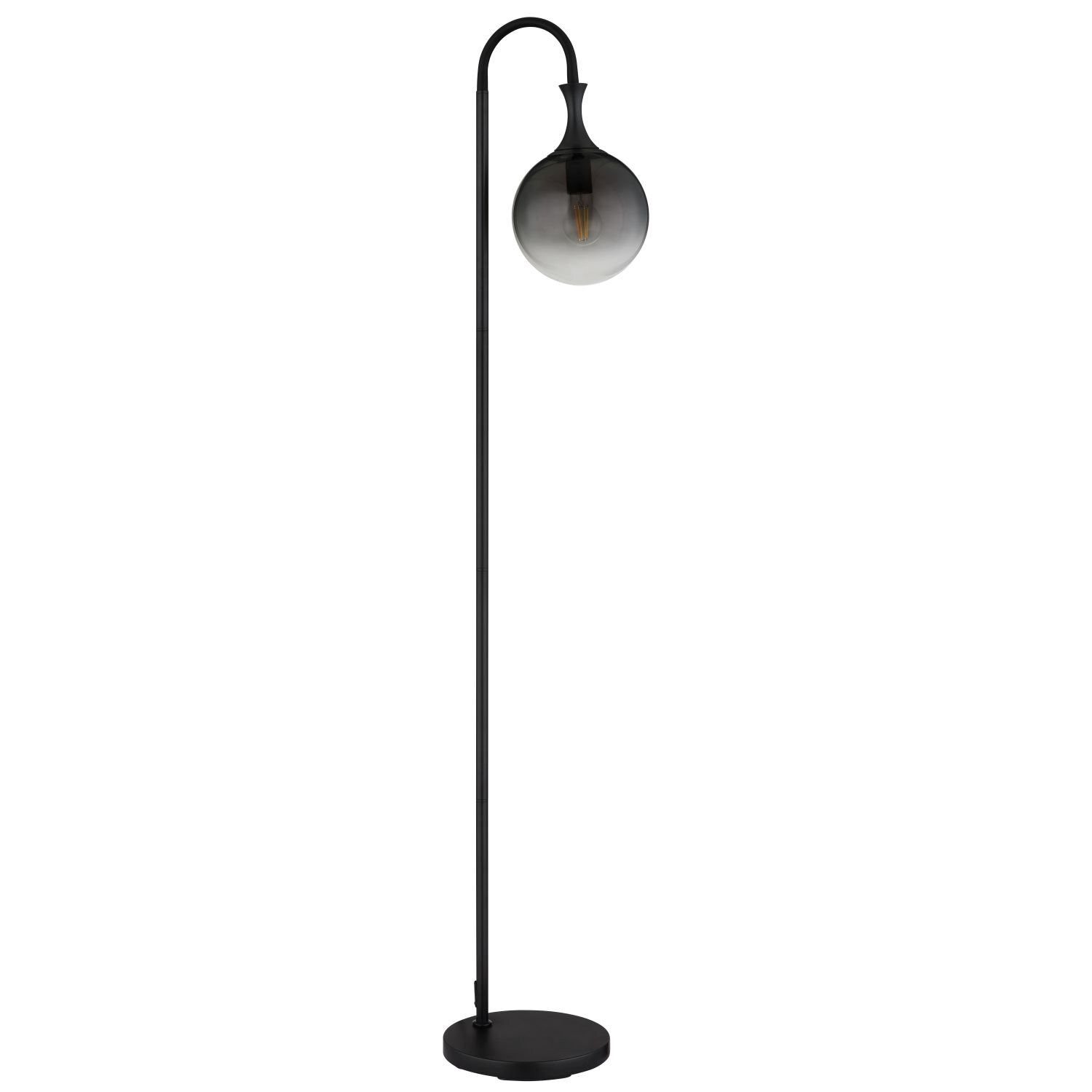 Czarna lampa podłogowa z prostym, smukłym stelażem i kulistym kloszem w ciemnym odcieniu. Lampa stoi na okrągłej podstawie.