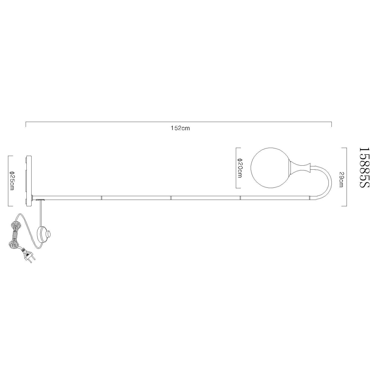 Schemat lampy podłogowej z wymiarami: wysokość 152 cm, średnica klosza 20 cm, wysokość podstawy 25 cm. Widoczny jest przewód z wtyczką oraz oznaczenie modelu 15885S.
