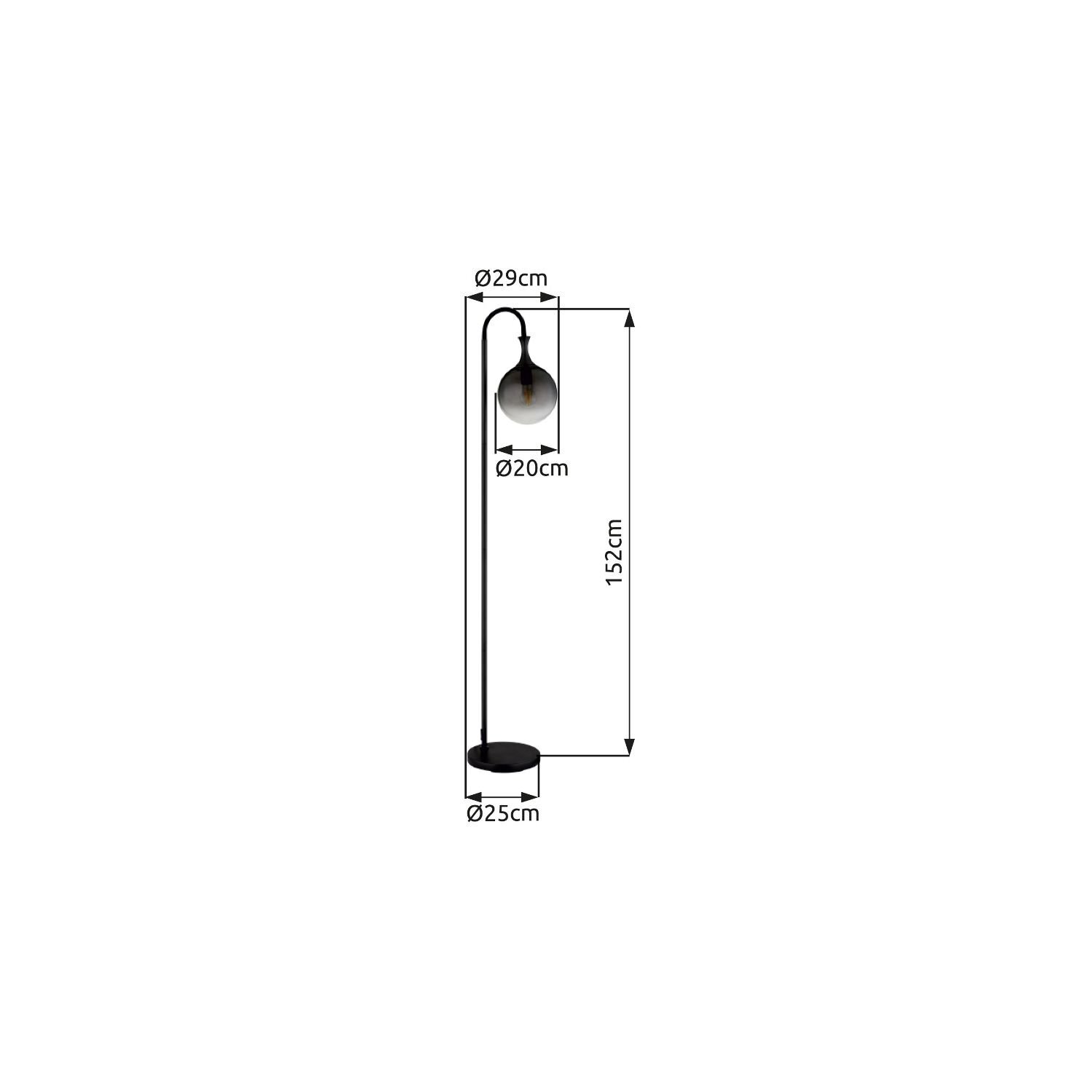 Obraz przedstawia schemat lampy podłogowej z wymiarami: wysokość 152 cm, średnica klosza 20 cm, średnica podstawy 25 cm, a całkowita szerokość 29 cm.