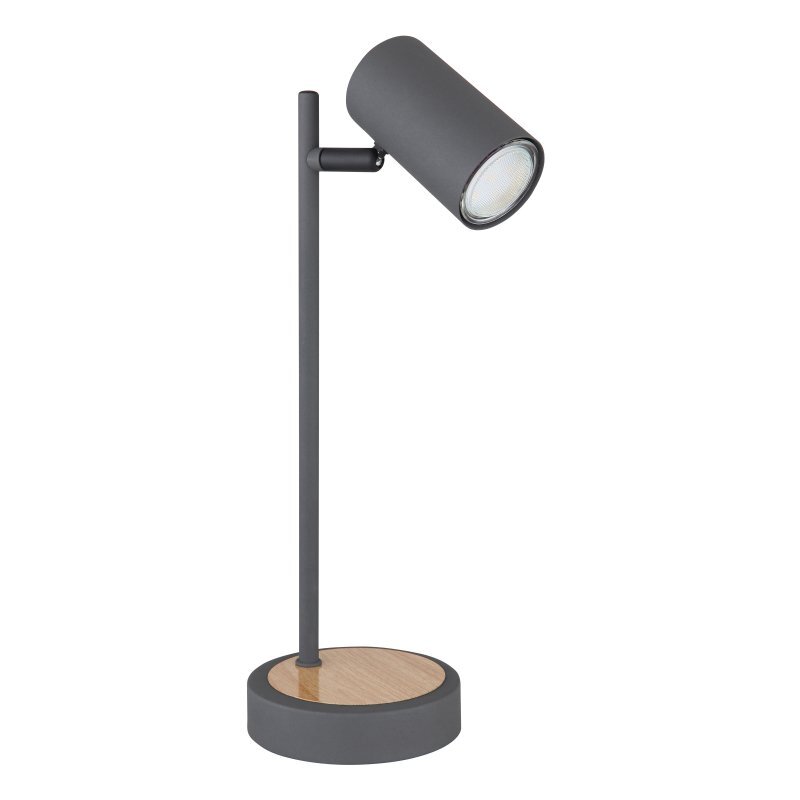 Metalowa lampa stołowa w kolorze grafitowym z cylindrycznym kloszem i drewnianą podstawą. Lampa ma prosty, nowoczesny design.
