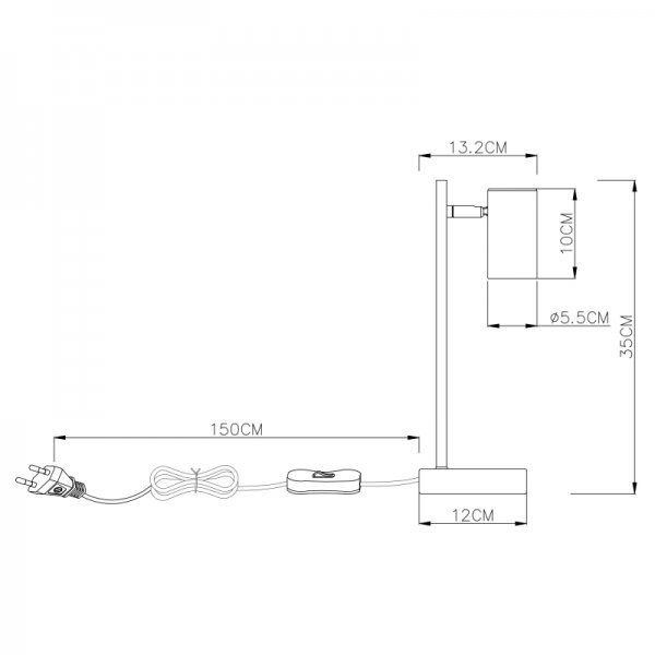 Schemat lampy stołowej z wymiarami: wysokość 35 cm, szerokość podstawy 12 cm, długość kabla 150 cm. Widoczny jest włącznik na kablu oraz wtyczka.