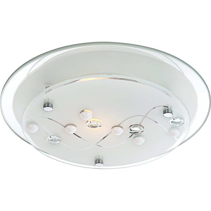 Lampa sufitowa z chromowanymi elementami i satynowym szkłem, ozdobiona kryształkami. Posiada okrągły kształt z lustrzaną krawędzią.