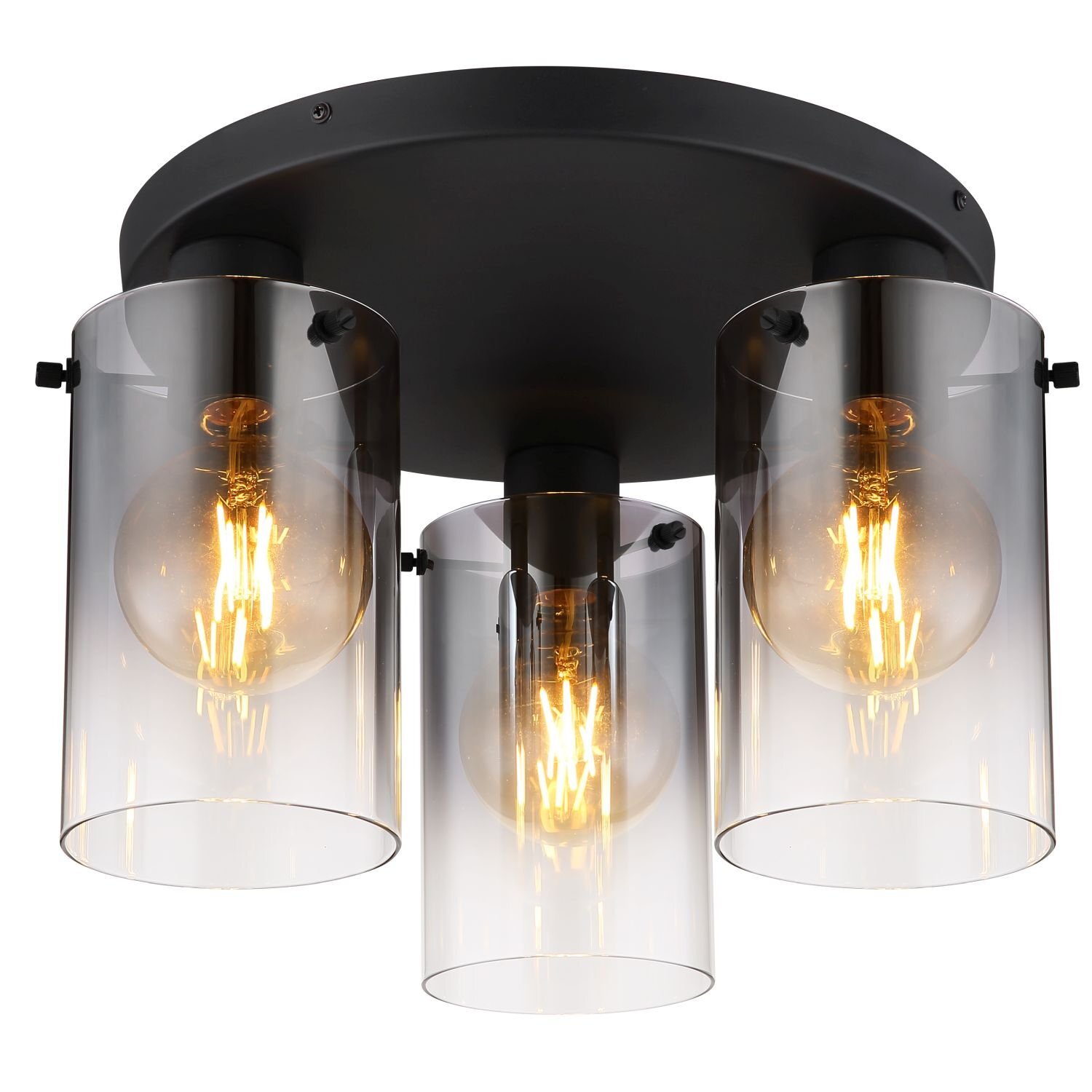Lampa sufitowa z trzema przezroczystymi kloszami, w których znajdują się żarówki o ciepłym świetle. Podstawa lampy jest w kolorze czarnym.