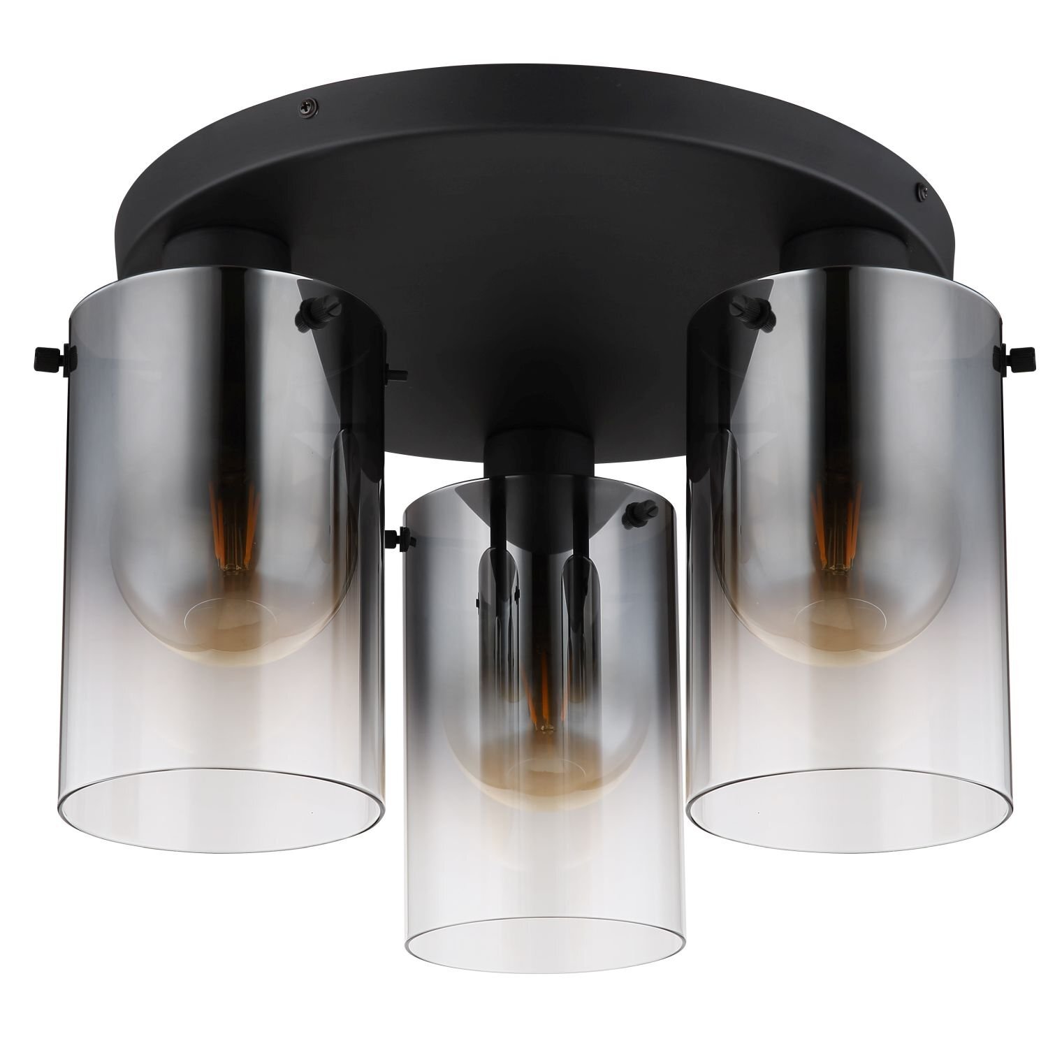 Lampa sufitowa z trzema szklanymi kloszami w kształcie cylindrów, zamontowana na okrągłej, czarnej podstawie. Wewnątrz kloszy widoczne są żarówki z ciepłym światłem.