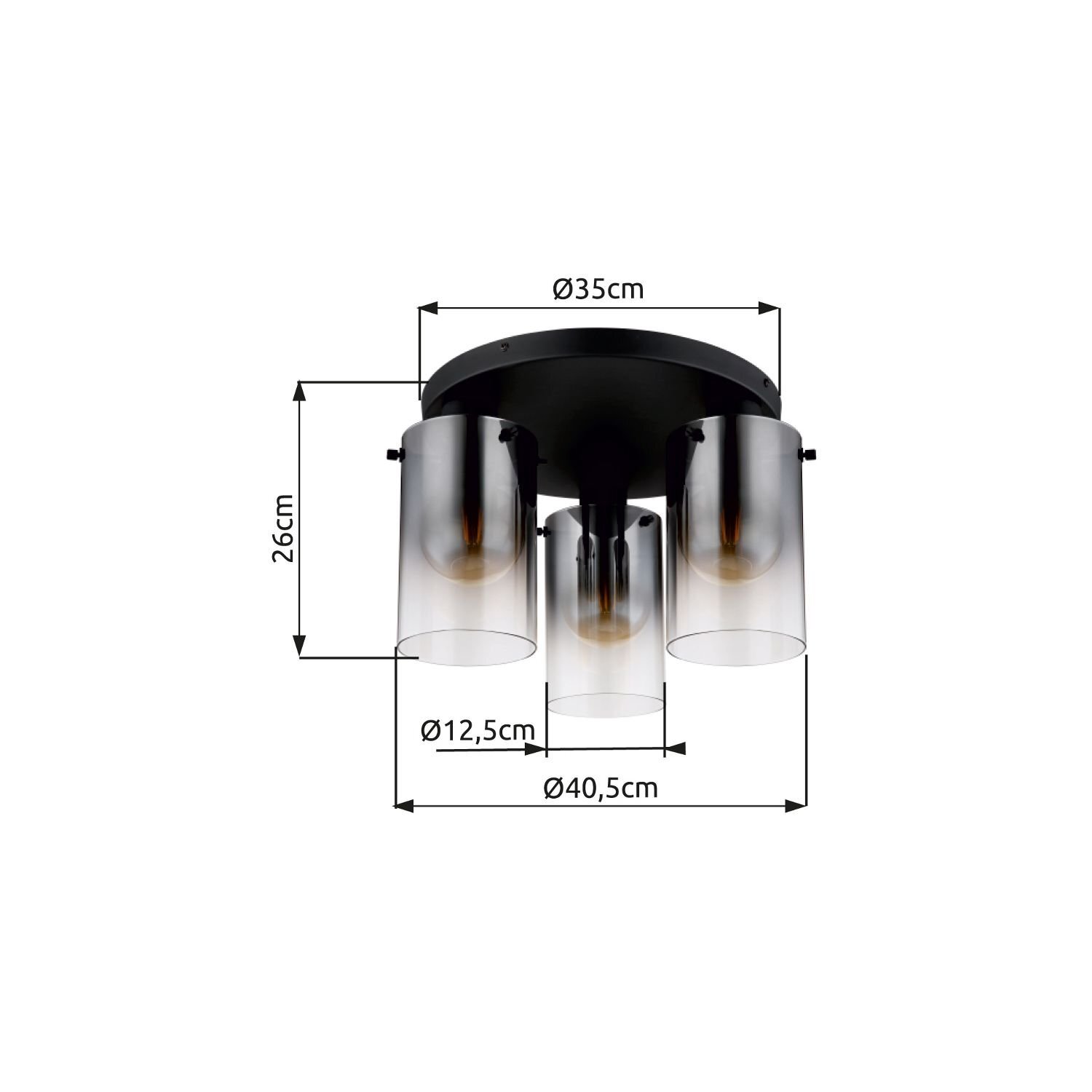 Lampa sufitowa z trzema szklanymi kloszami, zamontowana na okrągłej podstawie. Wymiary: wysokość 26 cm, średnica podstawy 35 cm, średnica klosza 12,5 cm, całkowita średnica 40,5 cm.
