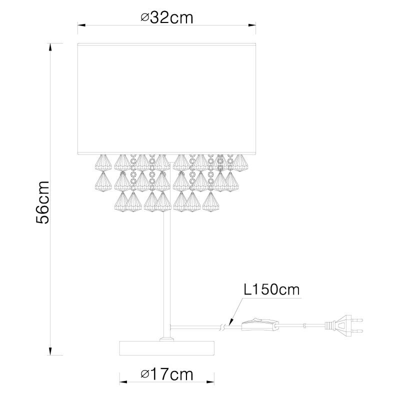 Schemat lampy stołowej z abażurem o średnicy 32 cm i wysokości 56 cm, z podstawą o średnicy 17 cm. Kabel zasilający ma długość 150 cm.