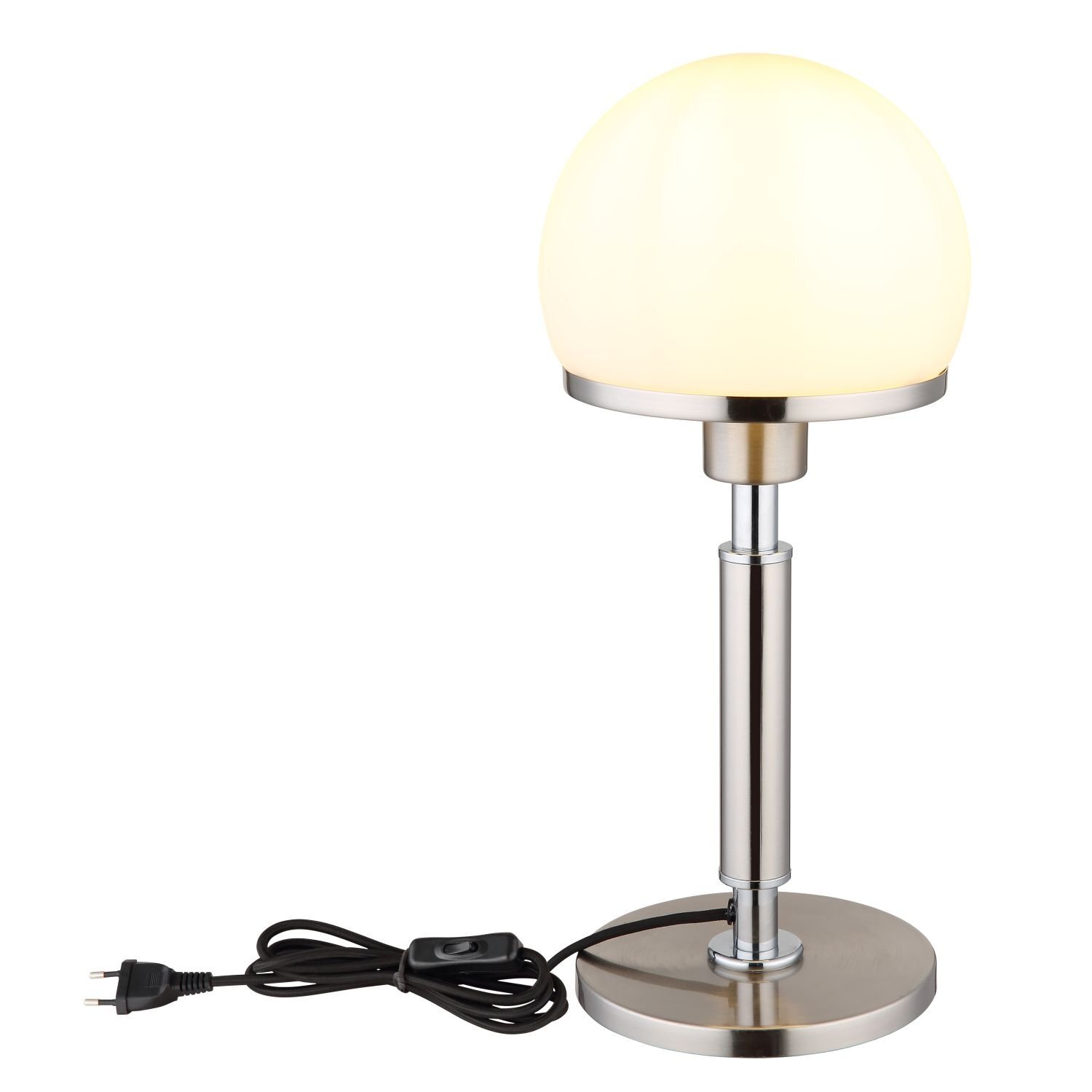 Lampa stołowa z okrągłym, mlecznym kloszem na metalowej podstawie. Dołączony jest czarny przewód z włącznikiem.