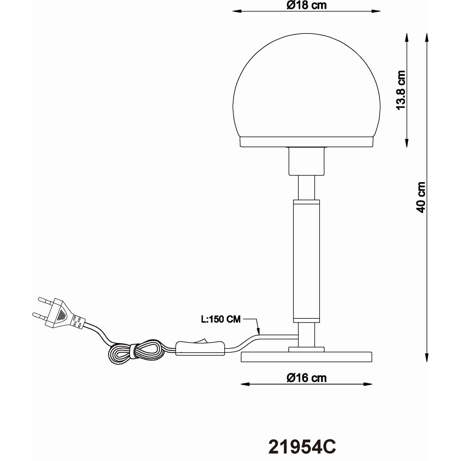 Schemat lampy stołowej z wymiarami: wysokość 40 cm, średnica klosza 18 cm, średnica podstawy 16 cm, długość kabla 150 cm. Widoczny jest także wtyk elektryczny oraz oznaczenie modelu 21954C.