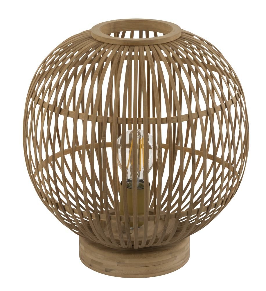 Lampa stołowa wykonana z naturalnego bambusa, o kulistym kształcie z widoczną żarówką wewnątrz. Podstawa lampy jest okrągła, a konstrukcja składa się z pionowych i poziomych prętów tworzących ażurowy wzór.