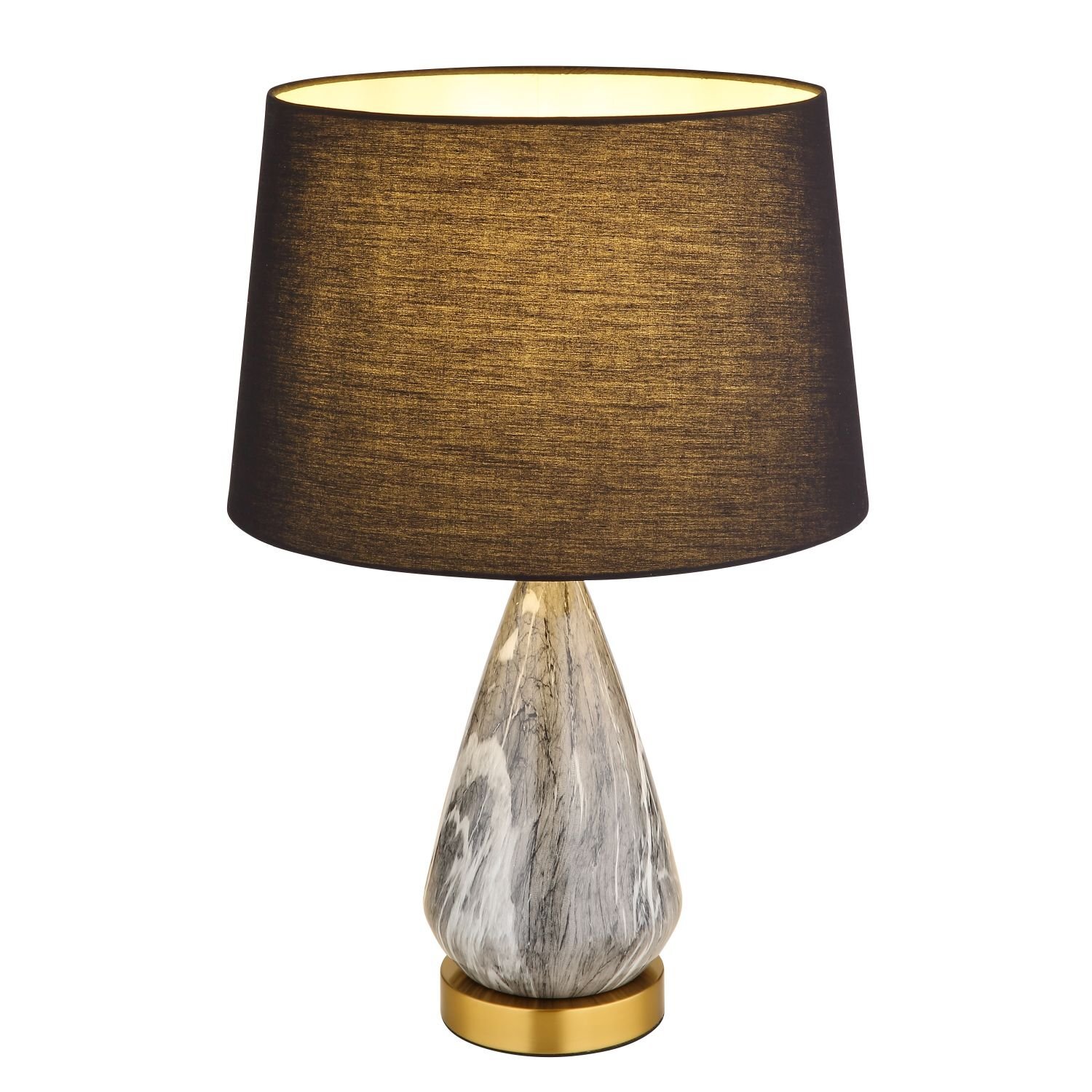 Lampa stołowa z ciemnym abażurem i podstawą o marmurowym wzorze, osadzona na złotej podstawie. Elegancki design odpowiedni do salonu lub sypialni.