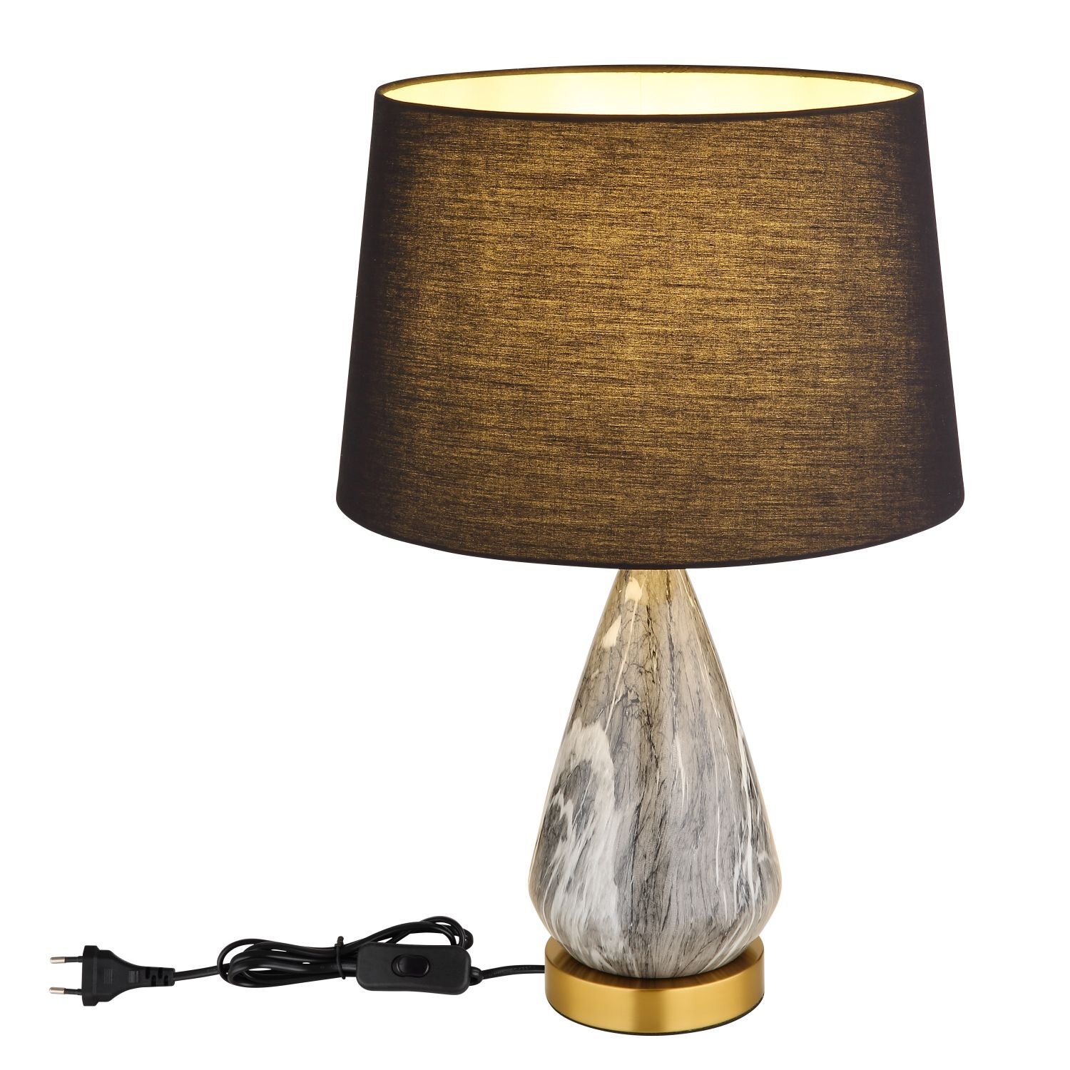 Lampa stołowa z ciemnym abażurem i podstawą o marmurowym wzorze, wyposażona w przewód z wtyczką i włącznikiem.