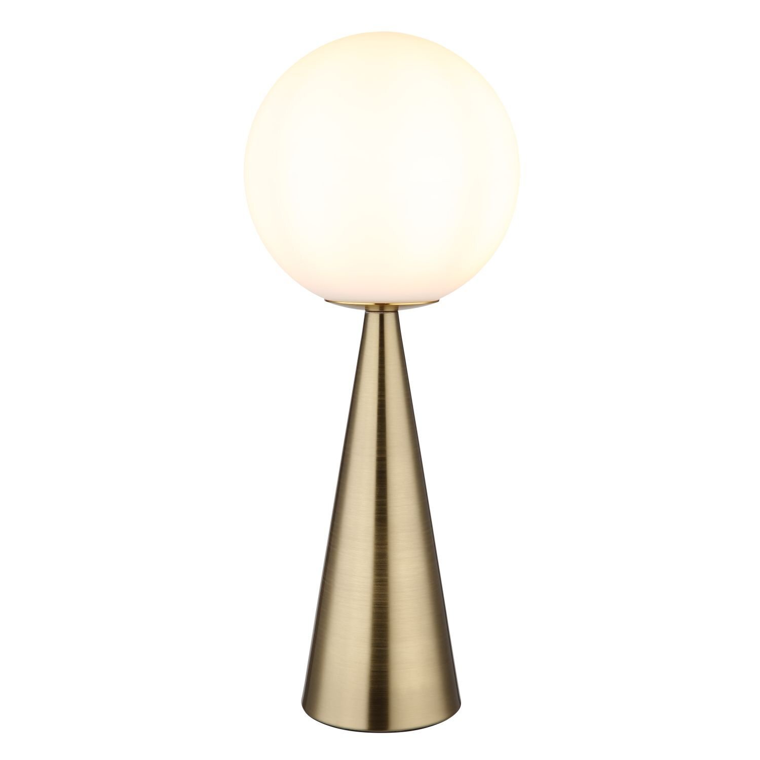 Lampa stołowa z kulistym kloszem w kolorze białym, osadzona na stożkowej podstawie w kolorze złotym.