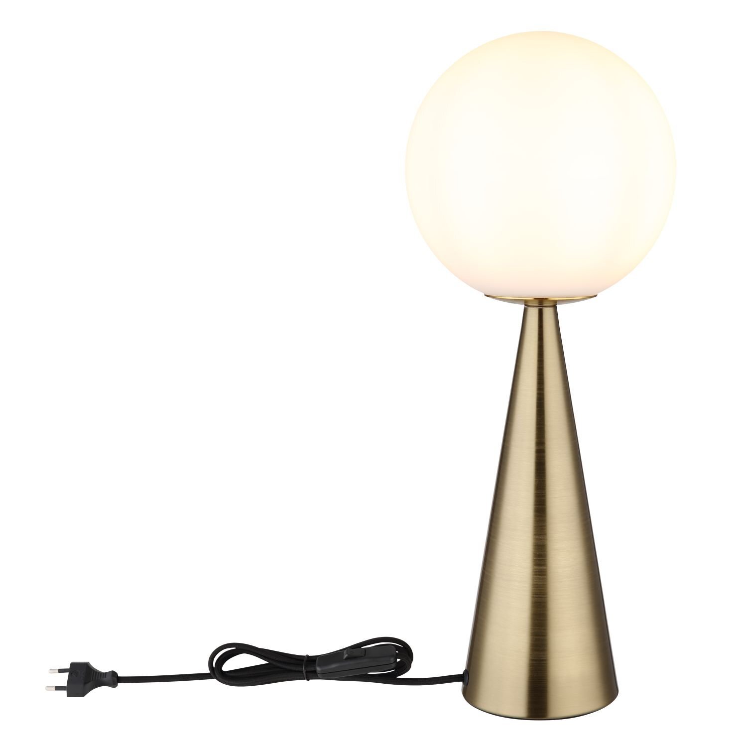 Lampa stołowa z kulistym kloszem w kolorze białym na stożkowej podstawie w kolorze złotym. Do lampy dołączony jest czarny przewód z wtyczką.