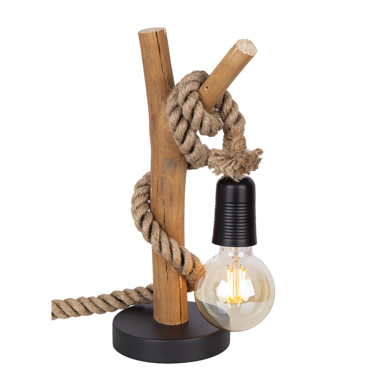Lampa stołowa z drewnianą podstawą i ozdobnym sznurem, zakończona żarówką w stylu retro. Podstawa lampy jest czarna, a sznur oplata drewniany element.