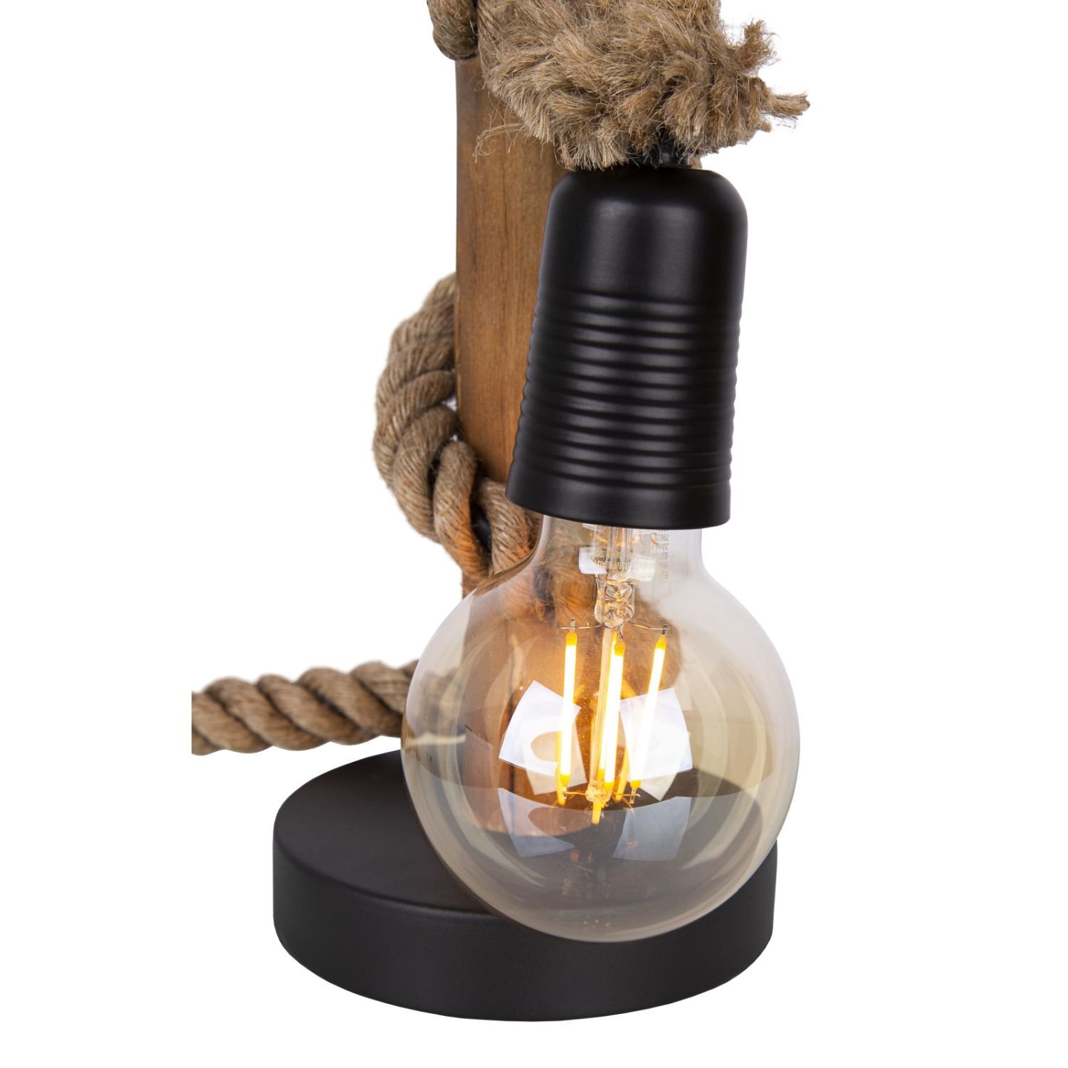 Lampa stołowa z żarówką w stylu retro, z czarną podstawą i elementami z grubego sznura. Żarówka ma widoczne filamenty i jest umieszczona w czarnym oprawie.