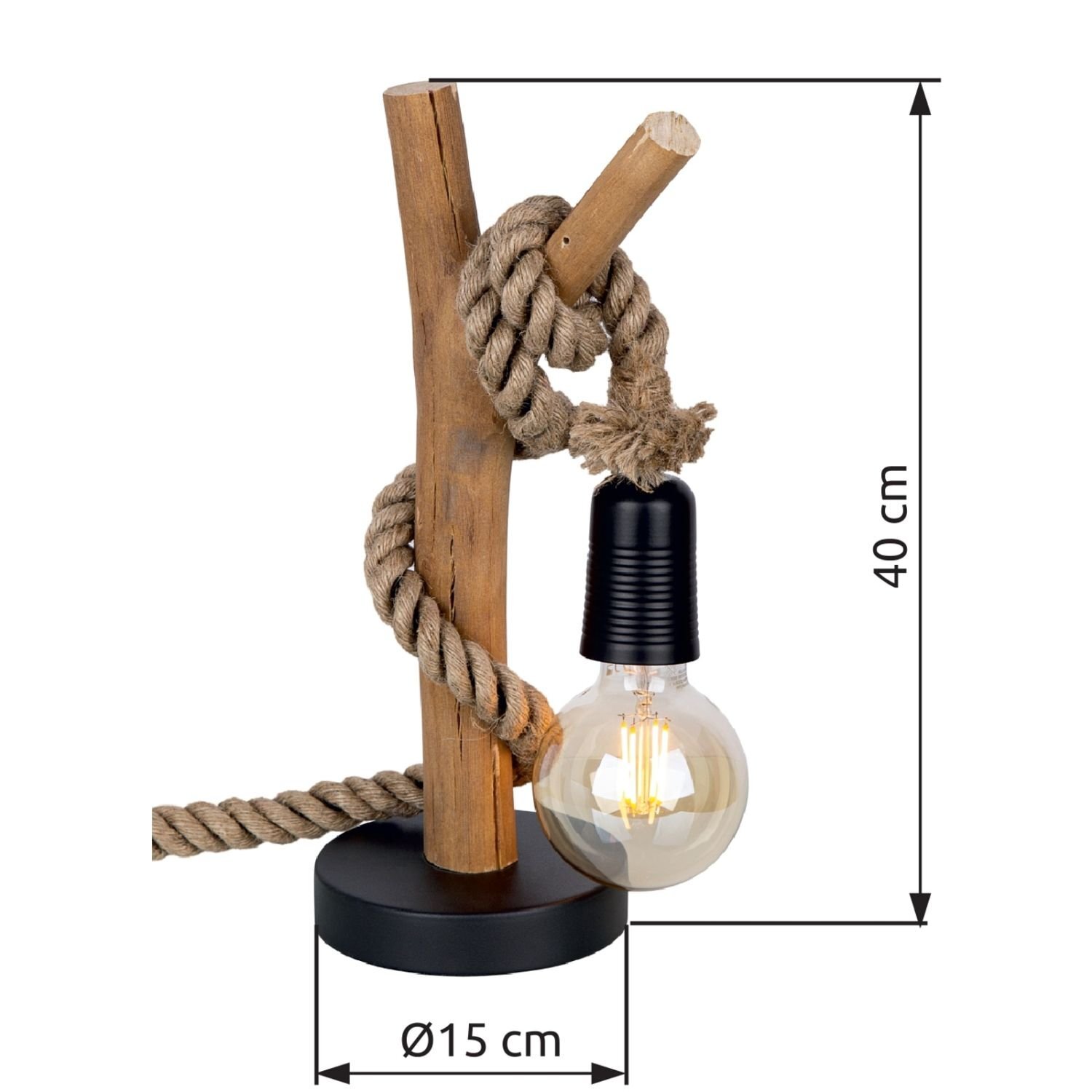Lampa stołowa z drewnianą podstawą i ozdobnym sznurem, z żarówką w stylu vintage. Wymiary: wysokość 40 cm, średnica podstawy 15 cm.