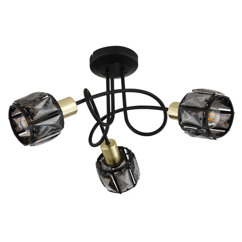 Lampa sufitowa z trzema żarówkami w oprawach z dymionego kryształu, z czarno-złotymi elementami. Konstrukcja ma zakrzywione, czarne ramiona i złote detale przy oprawkach.