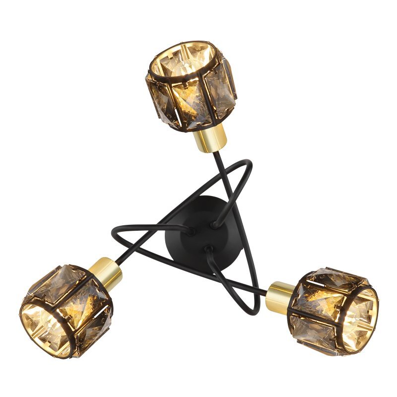 Lampa sufitowa z trzema źródłami światła, posiada czarno-złote wykończenie i dymione kryształy. Konstrukcja lampy jest geometryczna z metalowymi elementami.