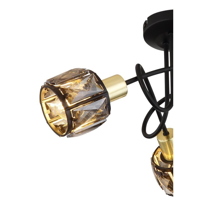 Lampa sufitowa z trzema żarówkami w oprawach z czarno-złotymi elementami i dymionymi kryształami. Konstrukcja ma elegancki, nowoczesny wygląd.