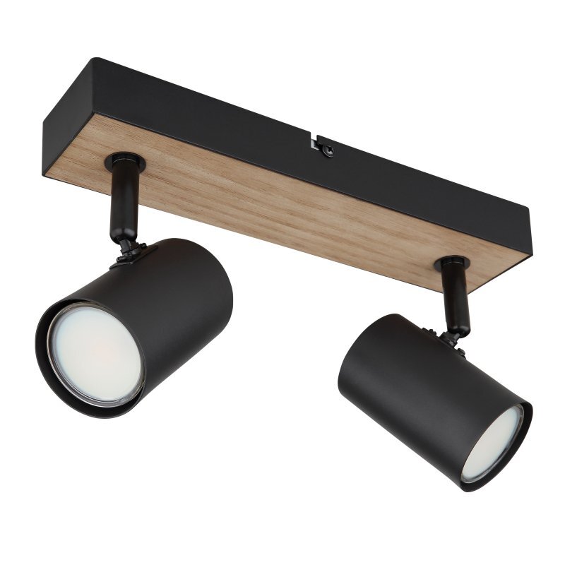 Lampa sufitowa z dwoma czarnymi reflektorami zamontowanymi na prostokątnej podstawie z MDF imitującej drewno. Reflektory są skierowane w różnych kierunkach.