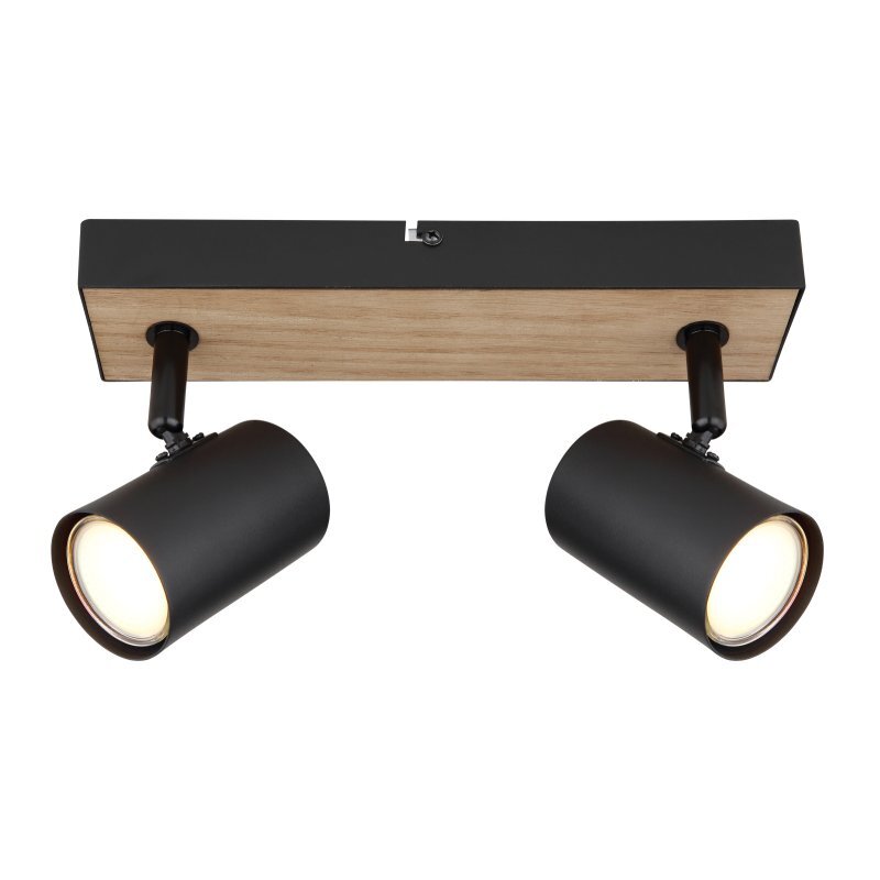 Lampa sufitowa z dwoma czarnymi reflektorami zamontowanymi na prostokątnej podstawie z imitacji drewna. Reflektory są skierowane w dół i emitują światło.