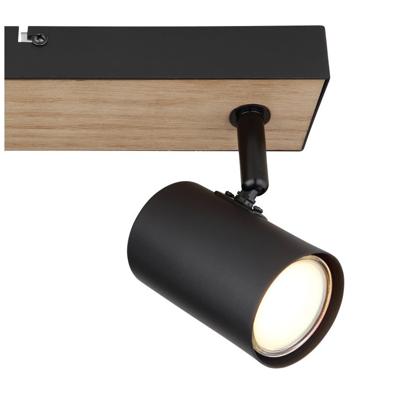 Lampa sufitowa reflektorowa z czarnym matowym wykończeniem i elementem z MDF imitującym drewno. Posiada pojedynczy reflektor z żarówką LED.