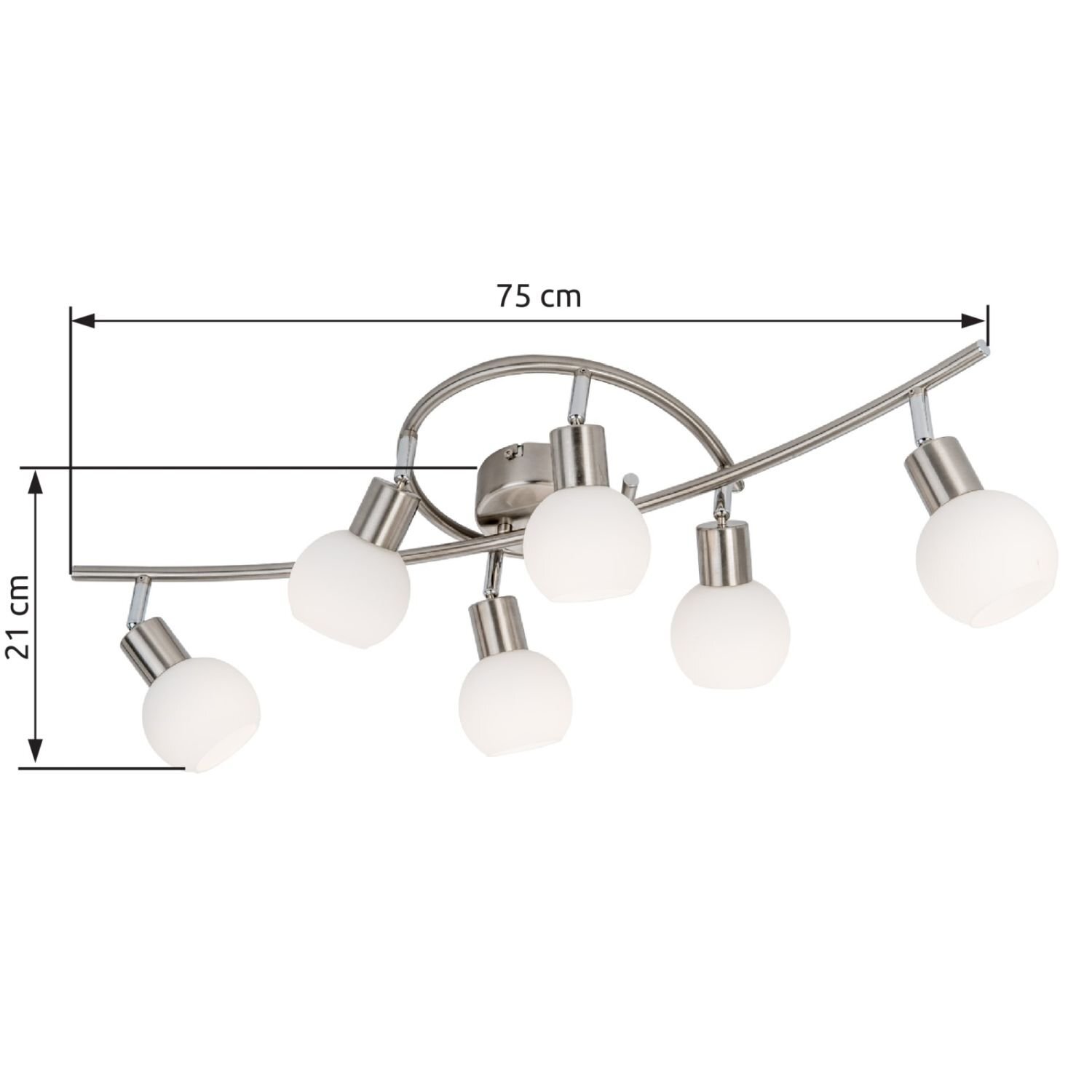 Na obrazie widoczna jest nowoczesna lampa sufitowa z sześcioma białymi kloszami na metalowej konstrukcji. Wymiary lampy to 75 cm szerokości i 21 cm wysokości.