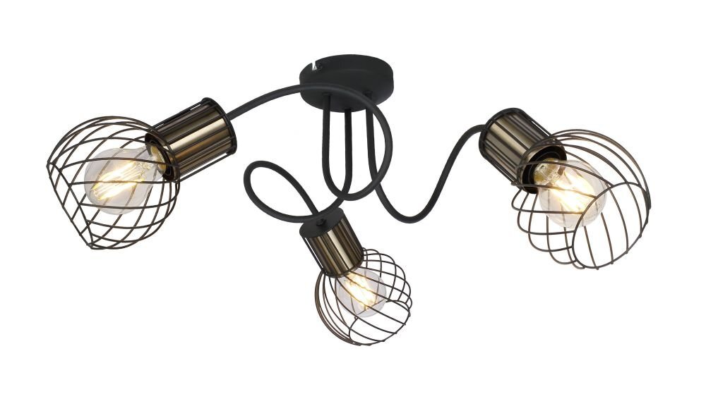 Nowoczesna lampa sufitowa z trzema żarówkami w metalowych kloszach o czarno-złotym wykończeniu. Klosze mają ażurową konstrukcję, a całość jest zamontowana na czarnej podstawie.