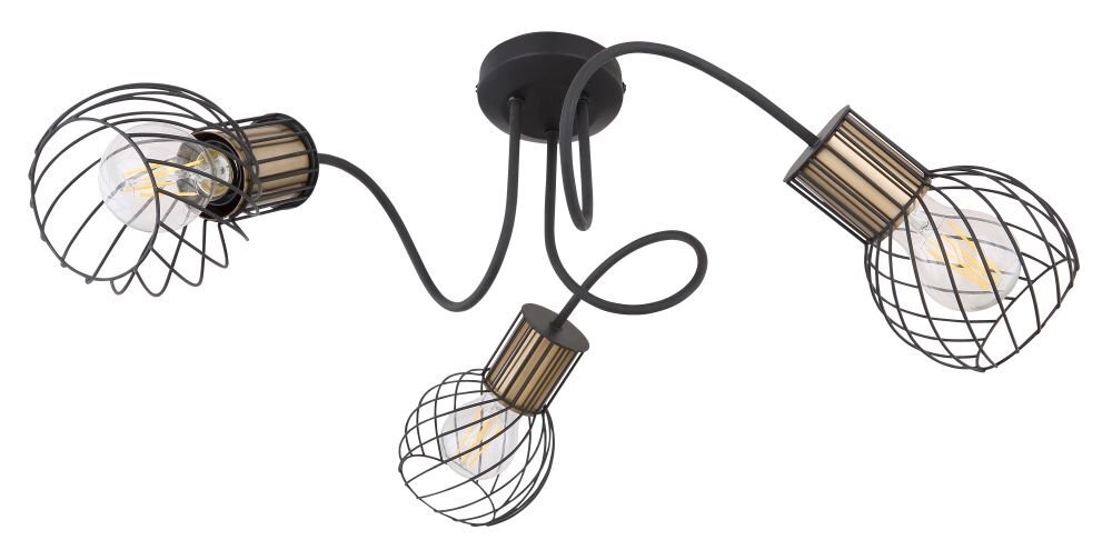 Na obrazie widoczna jest nowoczesna lampa sufitowa z trzema żarówkami w metalowych kloszach o czarno-złotym wykończeniu. Klosze mają ażurową konstrukcję, a całość jest zamocowana na zakrzywionych ramionach.