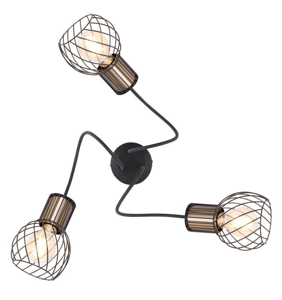 Nowoczesna lampa sufitowa z trzema żarówkami w metalowych kloszach o czarno-złotym wykończeniu. Klosze mają ażurową konstrukcję, a całość jest zamocowana na czarnym, metalowym stelażu.