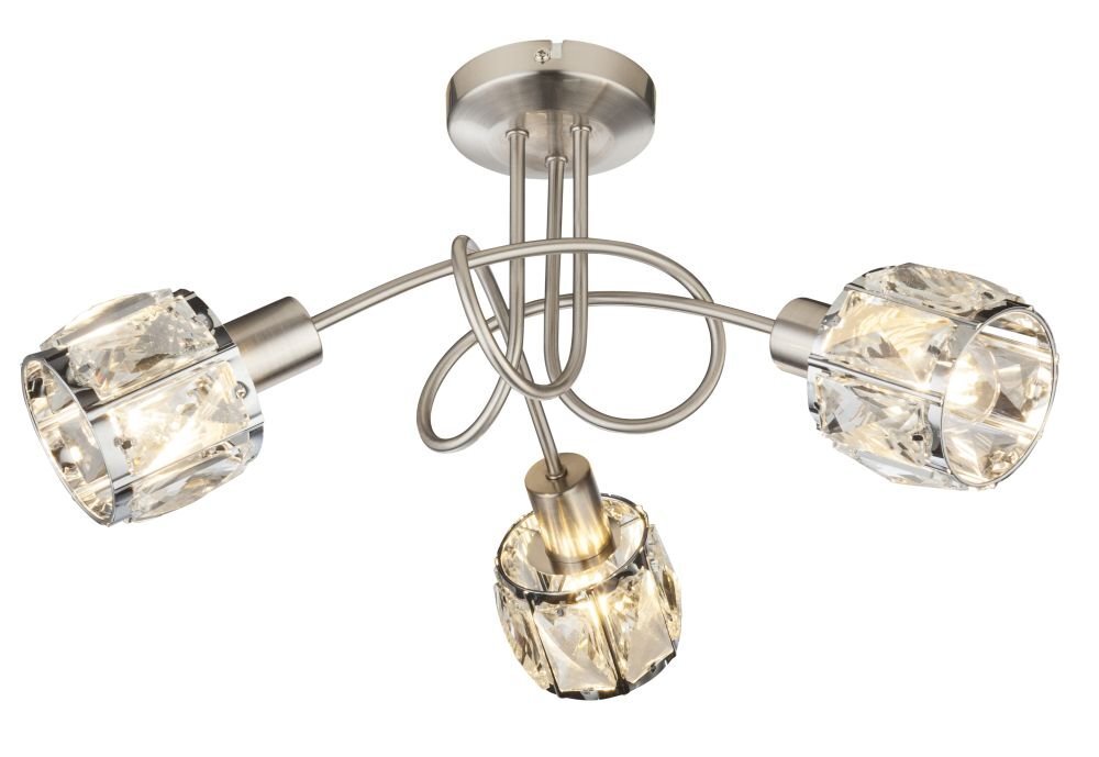 Lampa sufitowa wisząca z trzema źródłami światła, wykonana z chromowanej satyny i szklanych kryształów. Konstrukcja ma zakrzywione ramiona i okrągłą podstawę montażową.