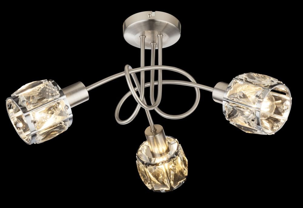 Lampa sufitowa wisząca z trzema źródłami światła, wykonana z chromowanej satyny i szklanych kryształów. Konstrukcja ma zakrzywione ramiona i jest zamontowana na okrągłej podstawie.