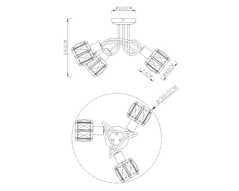 Schemat techniczny lampy sufitowej z trzema źródłami światła, pokazujący wymiary: wysokość 24,0 cm, średnica 38,0 cm, średnica podstawy 10,0 cm, długość ramienia 9,2 cm i szerokość klosza 4,4 cm.