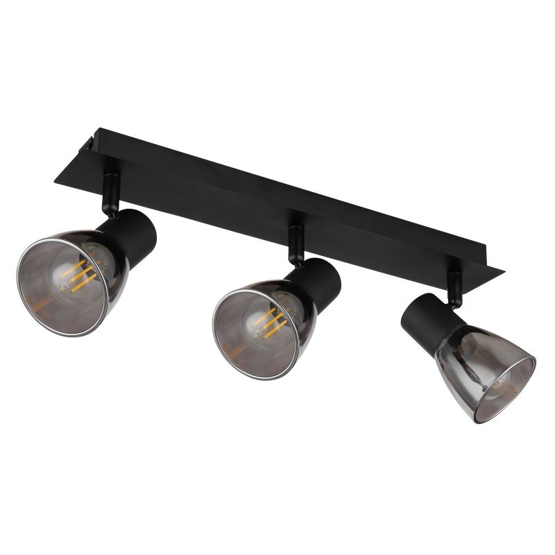 Lampa sufitowa z trzema reflektorami w czarnym matowym wykończeniu, z przydymionym szkłem. Każdy reflektor posiada widoczną żarówkę typu E14.