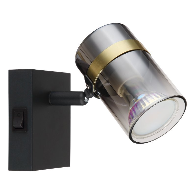 Czarna matowa lampa reflektorowa z przydymionym szklanym kloszem i włącznikiem na prostokątnej podstawie. Lampa posiada oprawkę GU10, ale nie zawiera żarówki.
