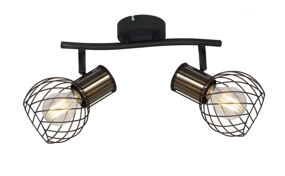Lampa sufitowa z dwoma reflektorami w kształcie klatek, wykonana z metalu w kolorze czarno-złotym. Reflektory są zamontowane na zakrzywionej belce, a żarówki są widoczne wewnątrz klatek.