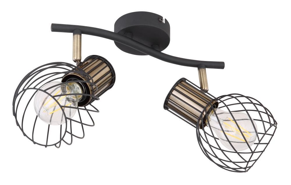 Lampa sufitowa z dwoma reflektorami w czarno-złotym kolorze, wykonana z metalu. Reflektory mają kształt klatek z widocznymi żarówkami wewnątrz.
