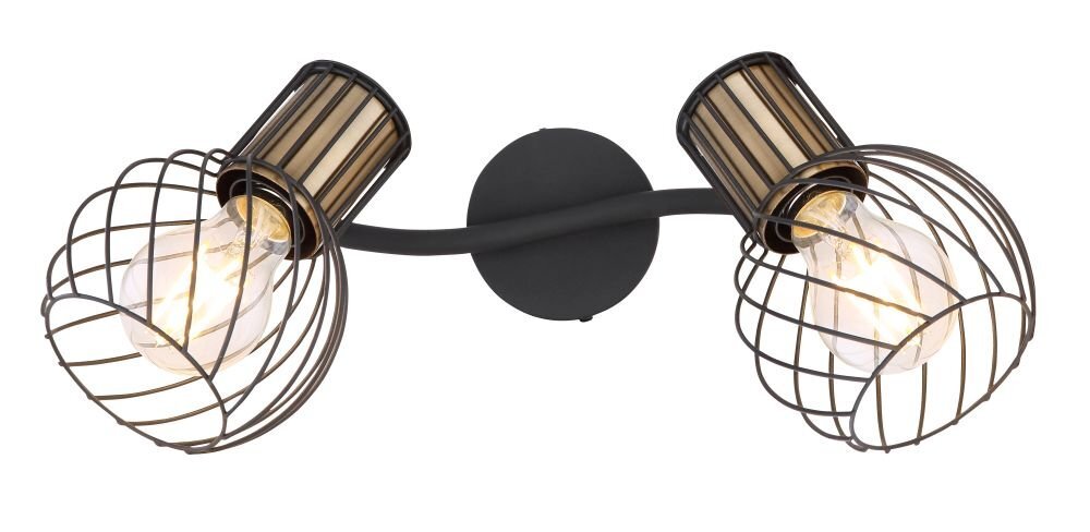 Czarno-złota lampa sufitowa z dwoma reflektorami w kształcie klatek, zamontowana na okrągłej podstawie. Każdy reflektor zawiera widoczną żarówkę.