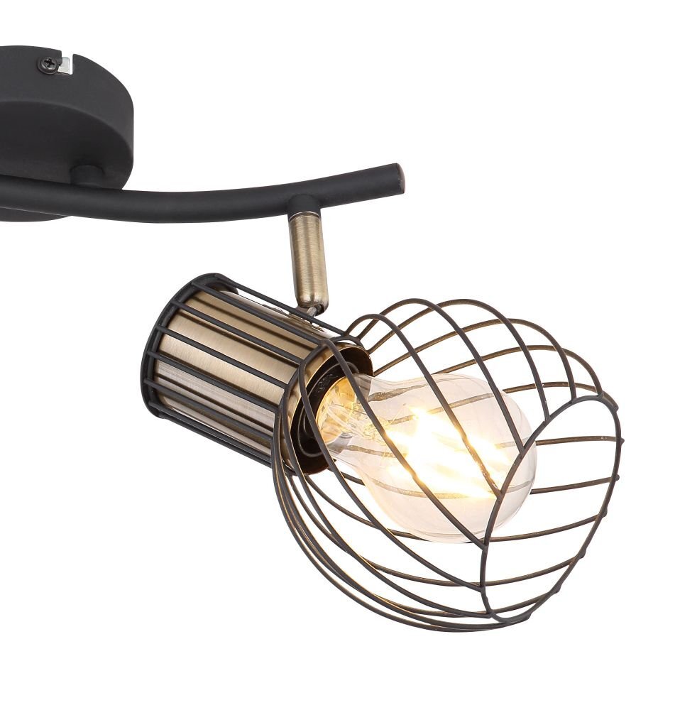 Czarno-złota lampa sufitowa z metalowym kloszem w kształcie klatki, w której znajduje się żarówka. Lampa ma zakrzywione ramię i okrągłą podstawę montażową.